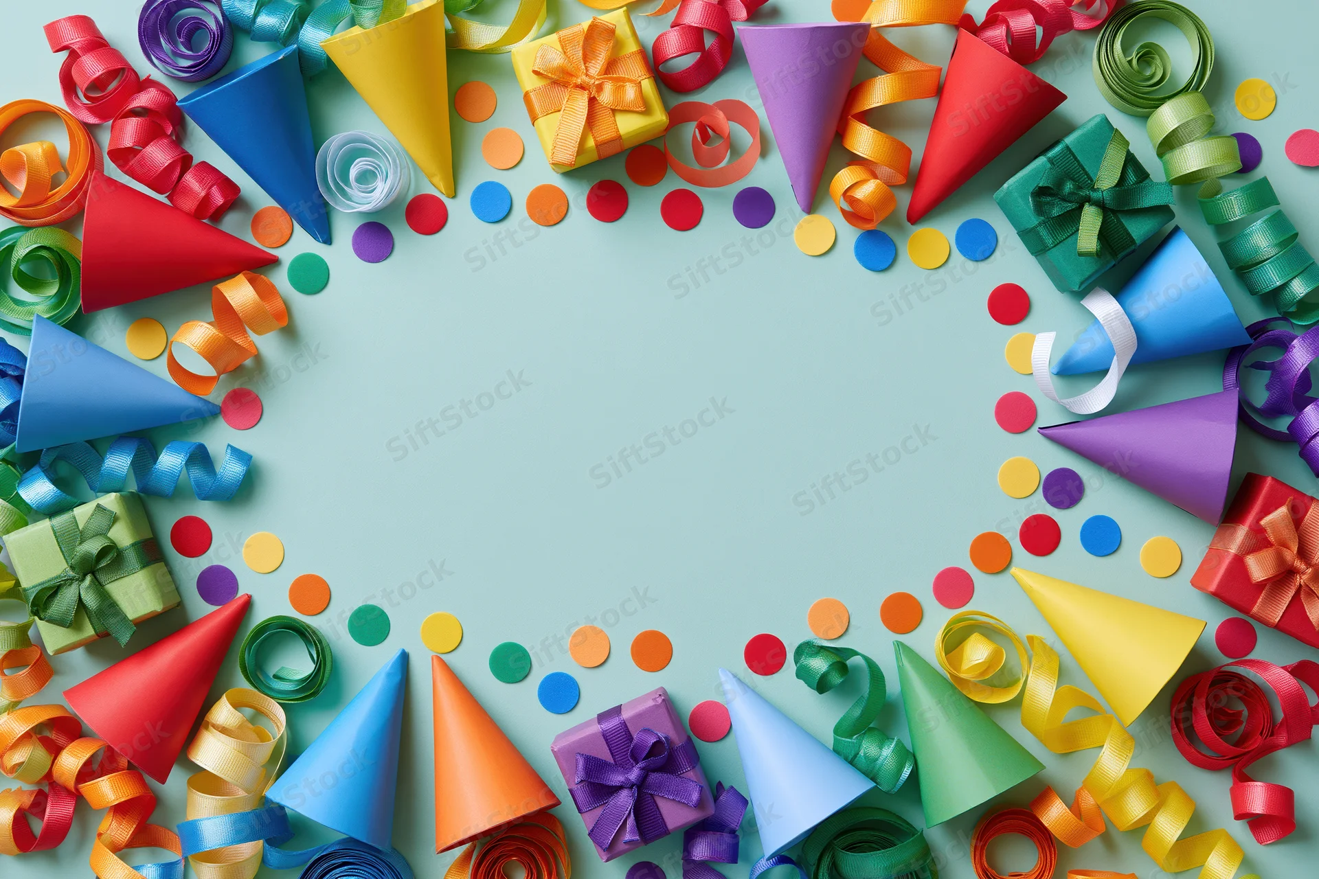 Colorful birthday party supplies arranged in a circular frame on a light blue surface with copyspace in the center