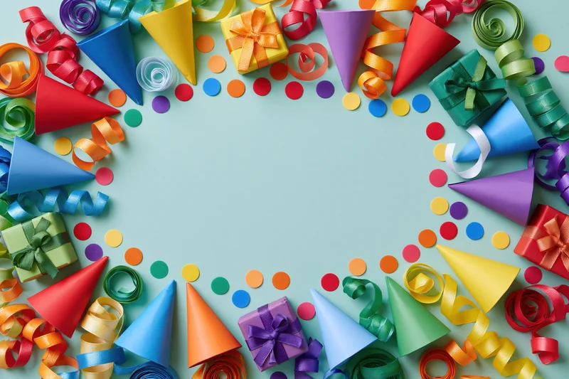 Colorful birthday party supplies arranged in a circular frame on a light blue surface with copyspace in the center