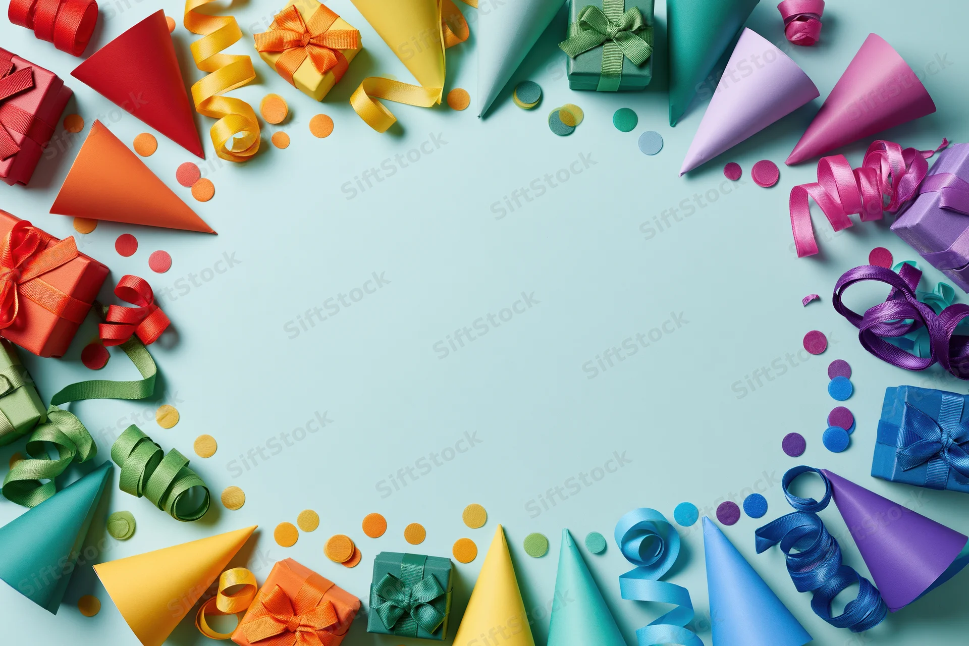 Rainbow-colored party supplies arranged in a circular frame on a light blue surface with central copyspace