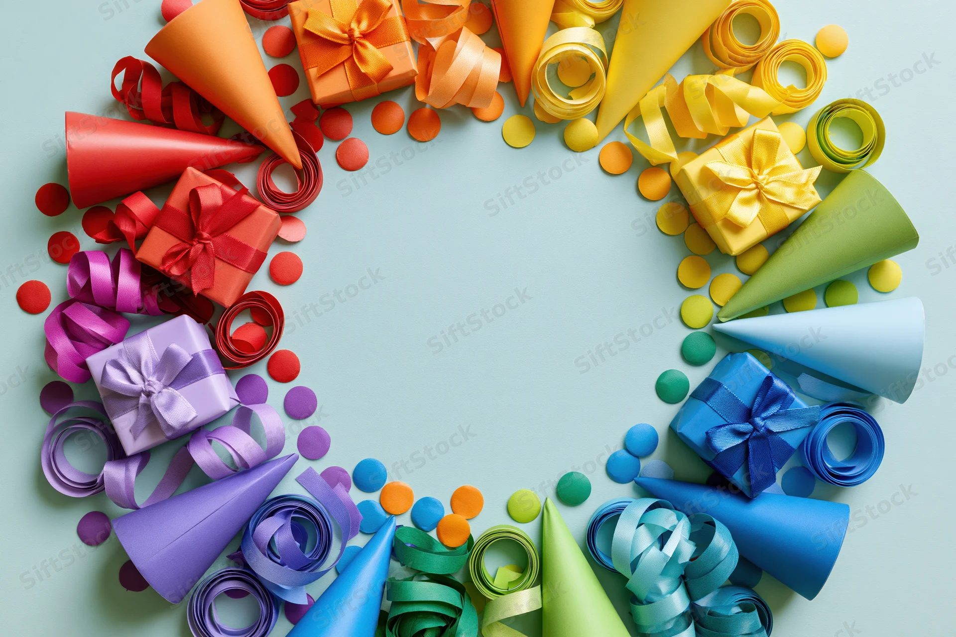Rainbow-colored party supplies arranged in a circular frame on a light blue surface with copyspace in the center