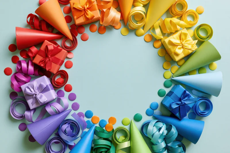 Rainbow-colored party supplies arranged in a circular frame on a light blue surface with copyspace in the center