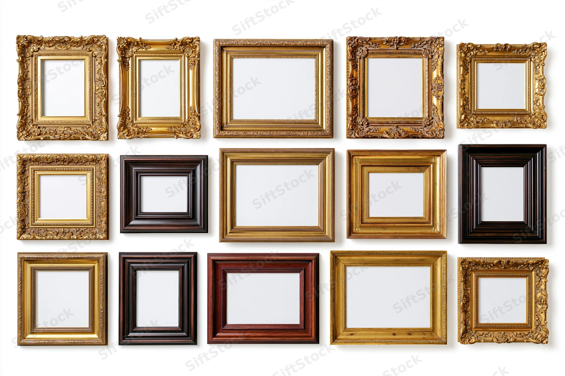 Eighteen ornate picture frames arranged in rows on white background