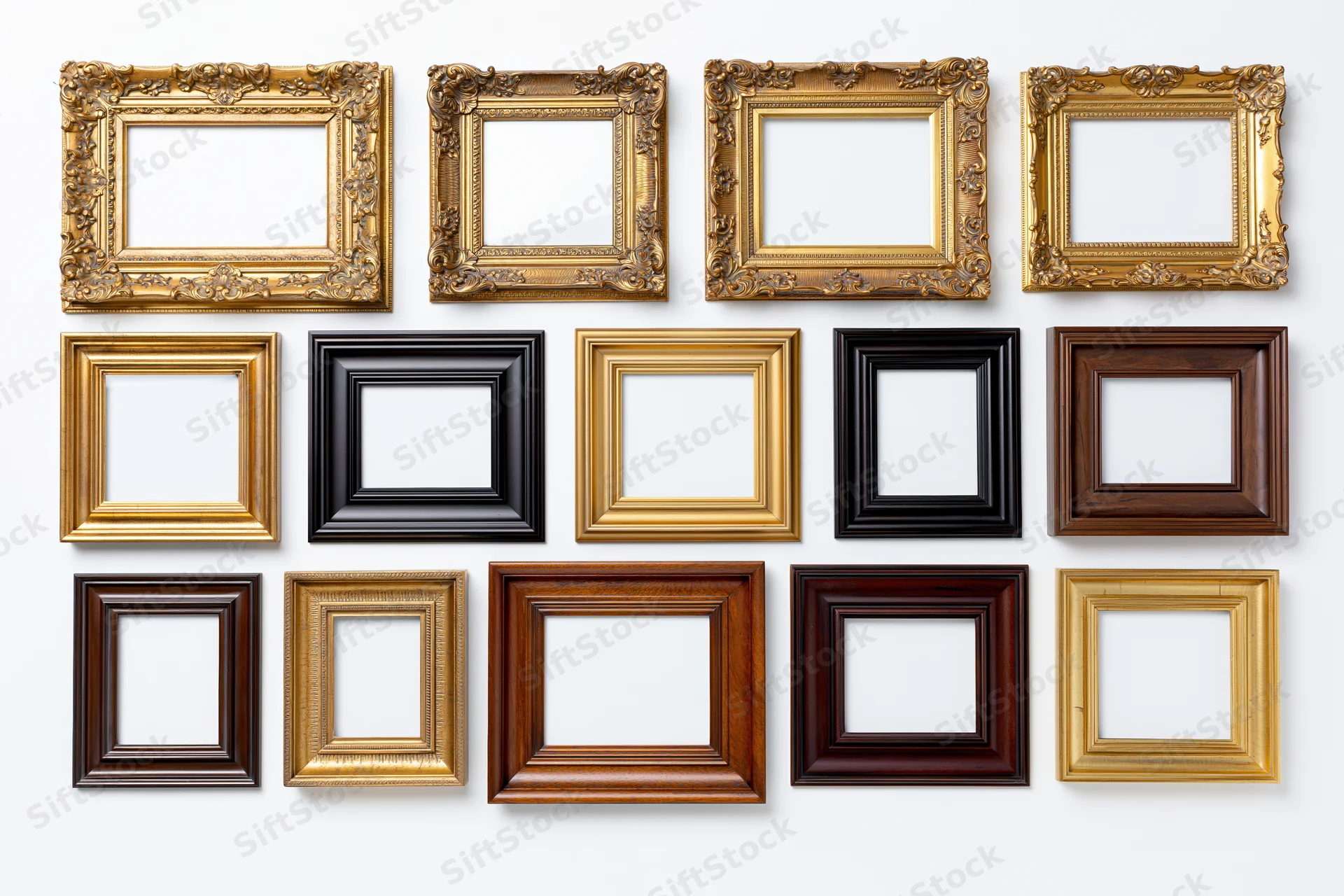 Eighteen ornate picture frames arranged in rows on a white background