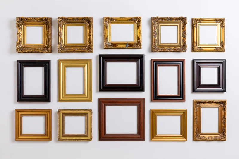 Eighteen ornate picture frames arranged in a grid on a white wall