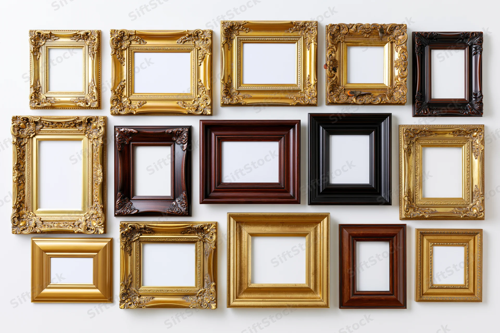 Eighteen ornate picture frames arranged in rows on a white background
