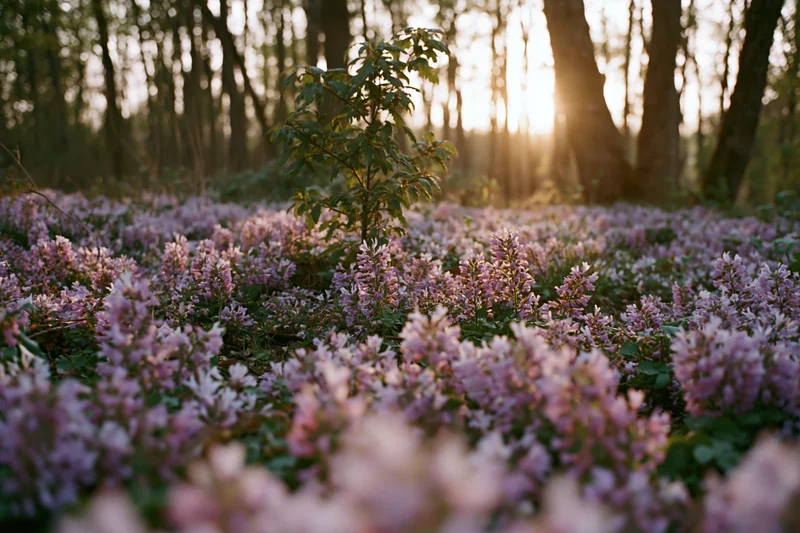 Purple wildflowers blooming densely across forest floor at sunrise