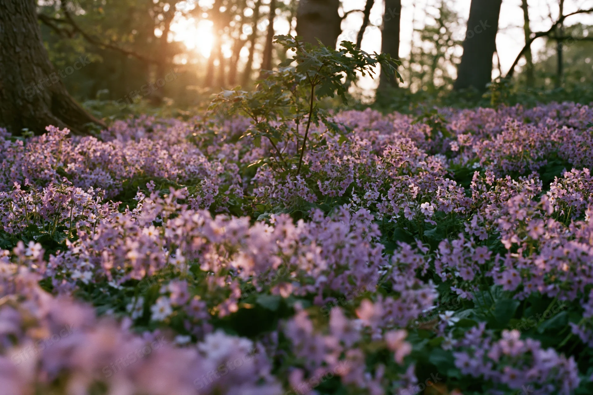 Dense purple wildflowers blooming across forest floor at sunrise