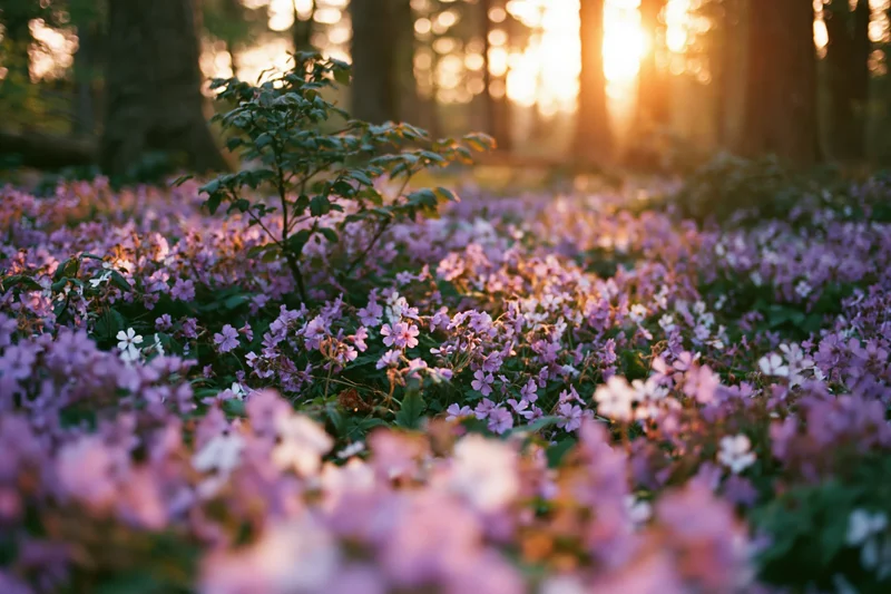 Dense purple wildflowers blooming on forest floor at golden hour