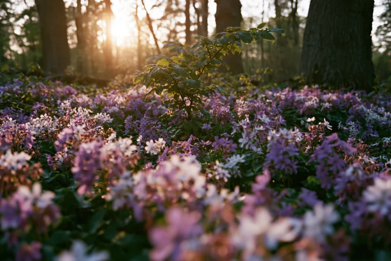Dense purple wildflowers blooming on forest floor at sunrise