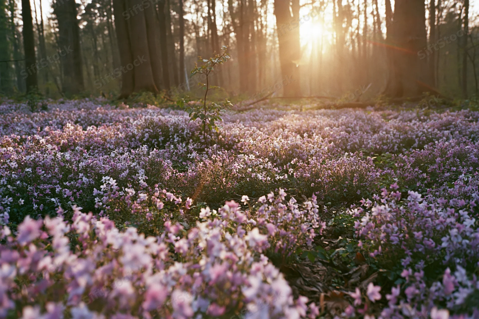 Dense purple wildflowers carpeting forest floor at sunrise