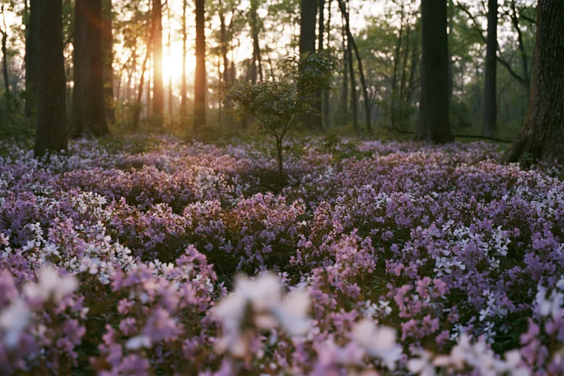 Dense purple and white wildflowers carpeting forest floor at sunrise