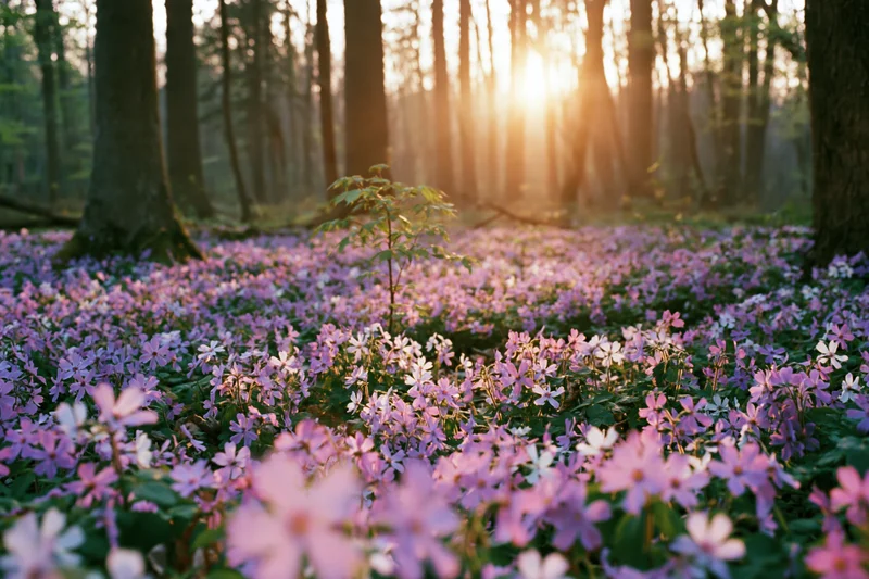 Purple wildflowers blooming densely across forest floor at sunrise