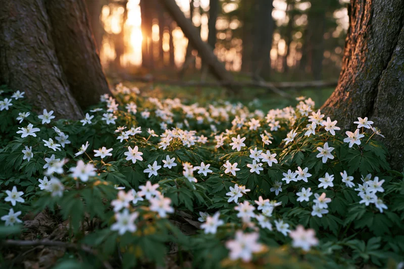 White wood anemone wildflowers blooming on forest floor between tree trunks at golden hour