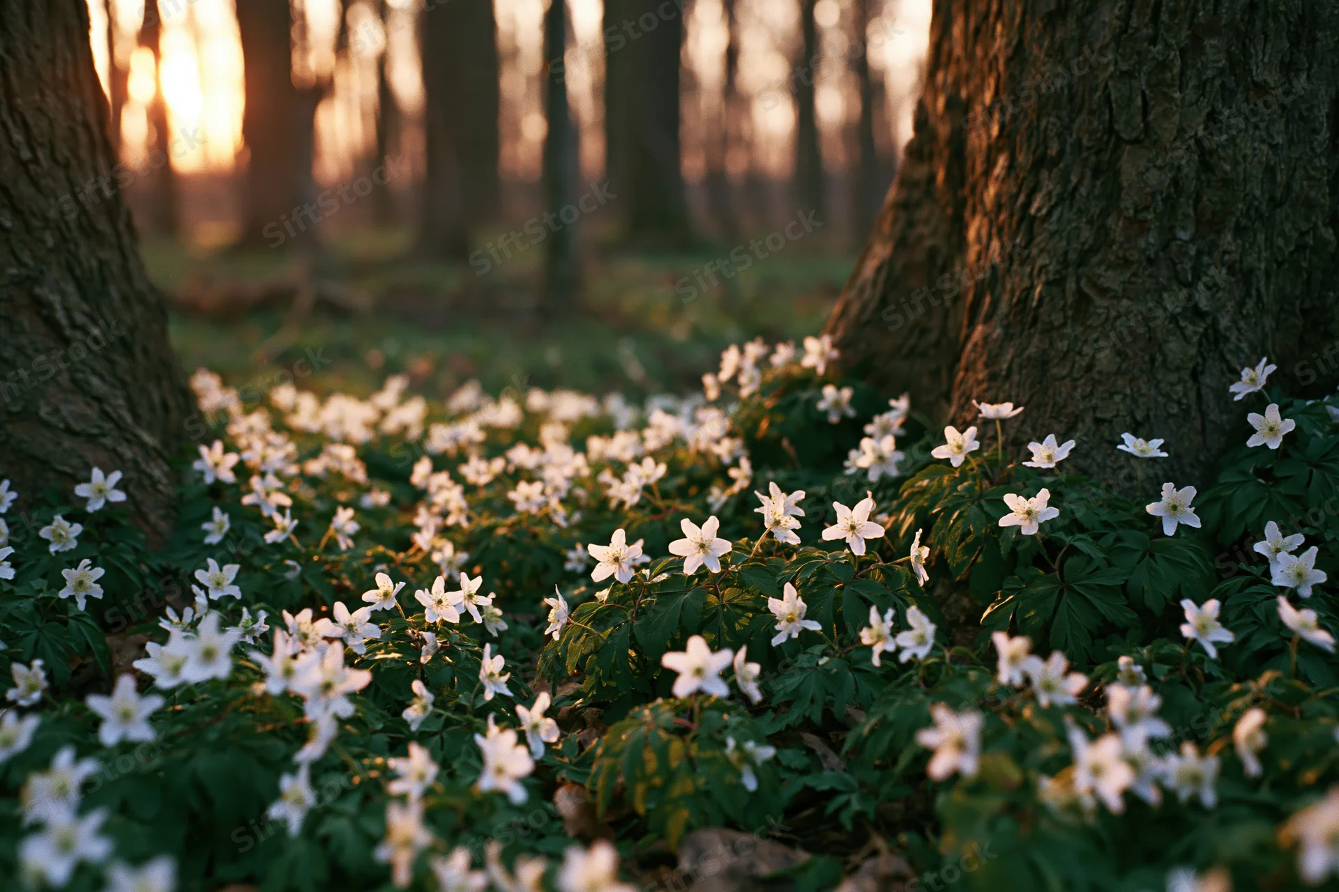 White wood anemone wildflowers blooming on forest floor between tree trunks at golden hour