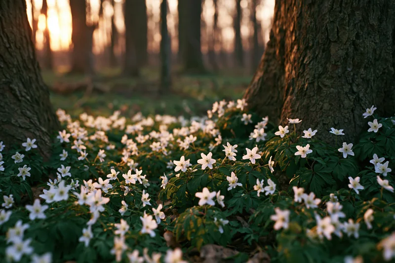 White wood anemone wildflowers blooming on forest floor between tree trunks at golden hour