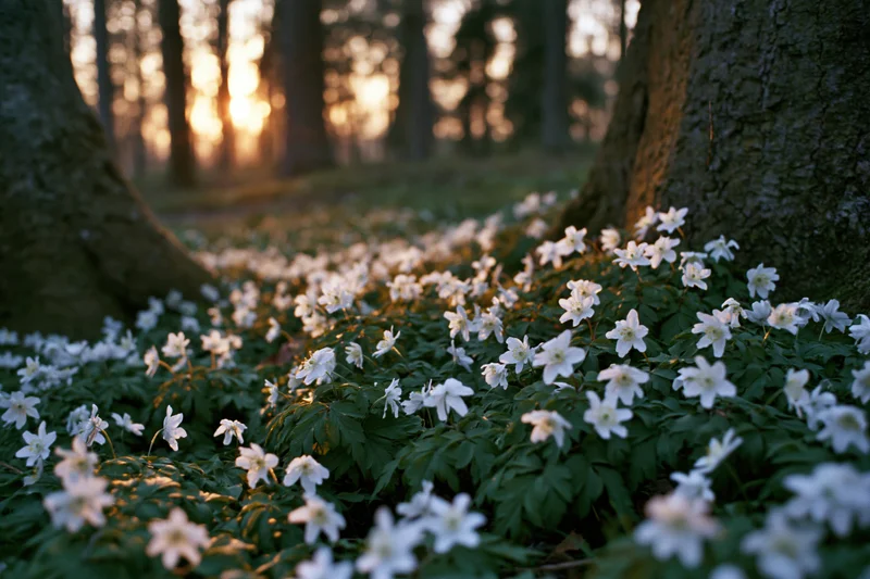 White wood anemone wildflowers blooming on forest floor at golden hour