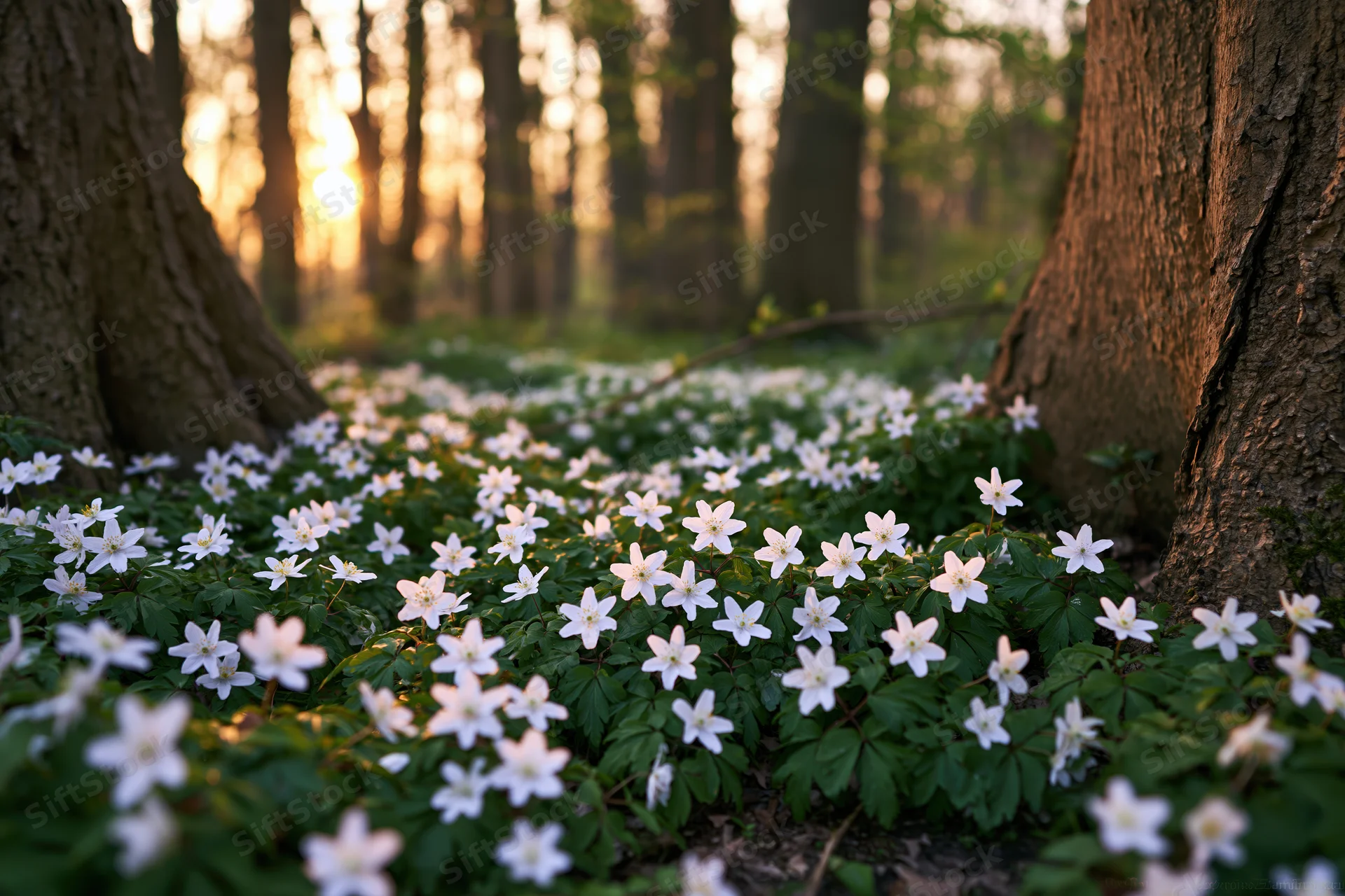 White wood anemone wildflowers blooming on forest floor between tree trunks at dawn