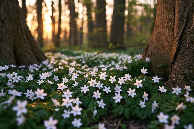 White wood anemone wildflowers blooming on forest floor between tree trunks at dawn