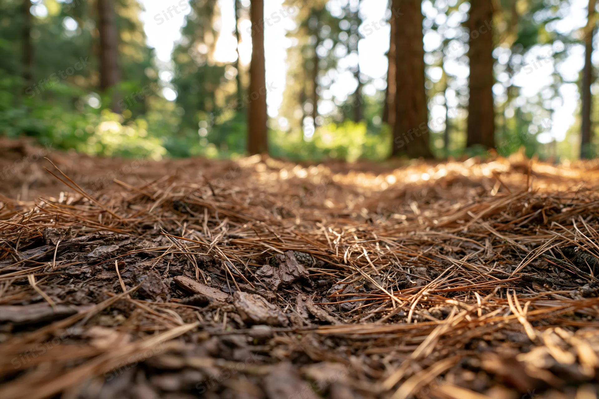 Closeup of dry pine needles and bark on forest floor with trees in background