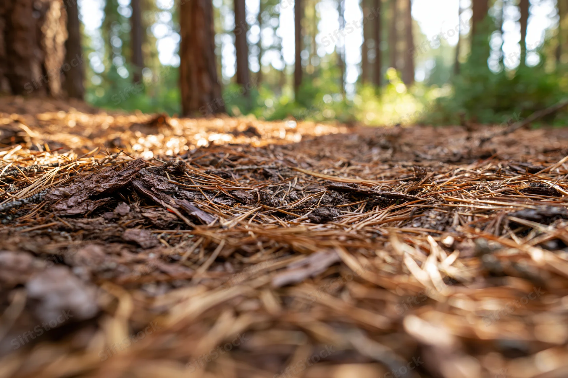 Closeup of dry pine needles and soil on forest floor with trees in background