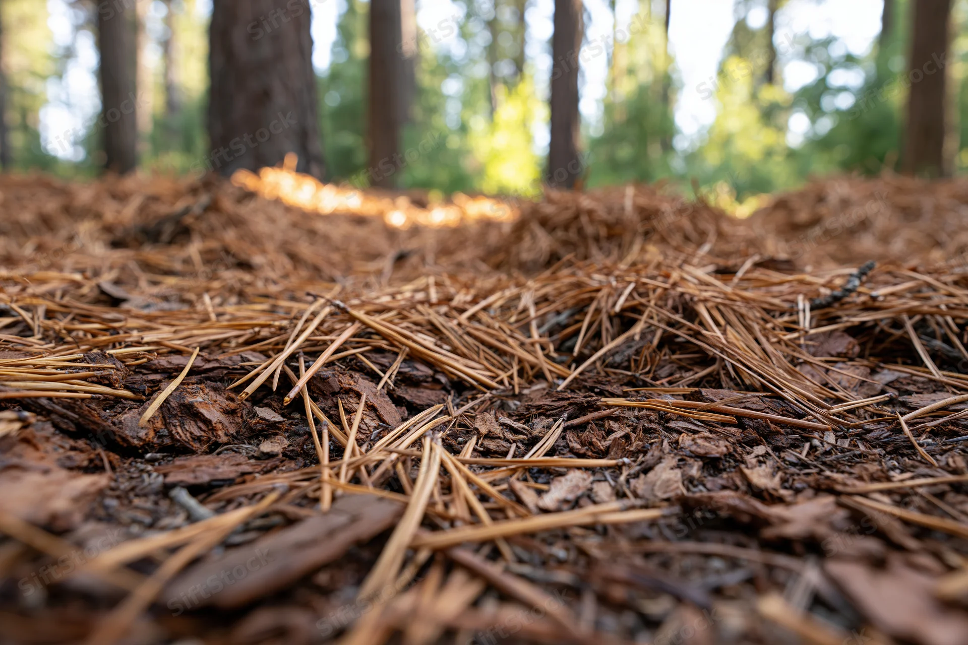Close-up of dry pine needles and bark on forest floor with trees in background