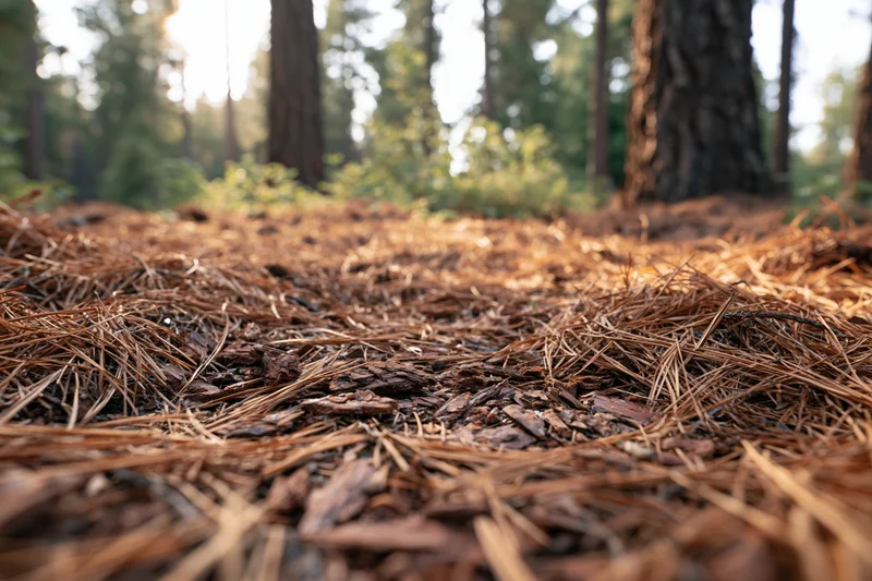 Close-up of dry pine needles and bark on forest floor with trees in background