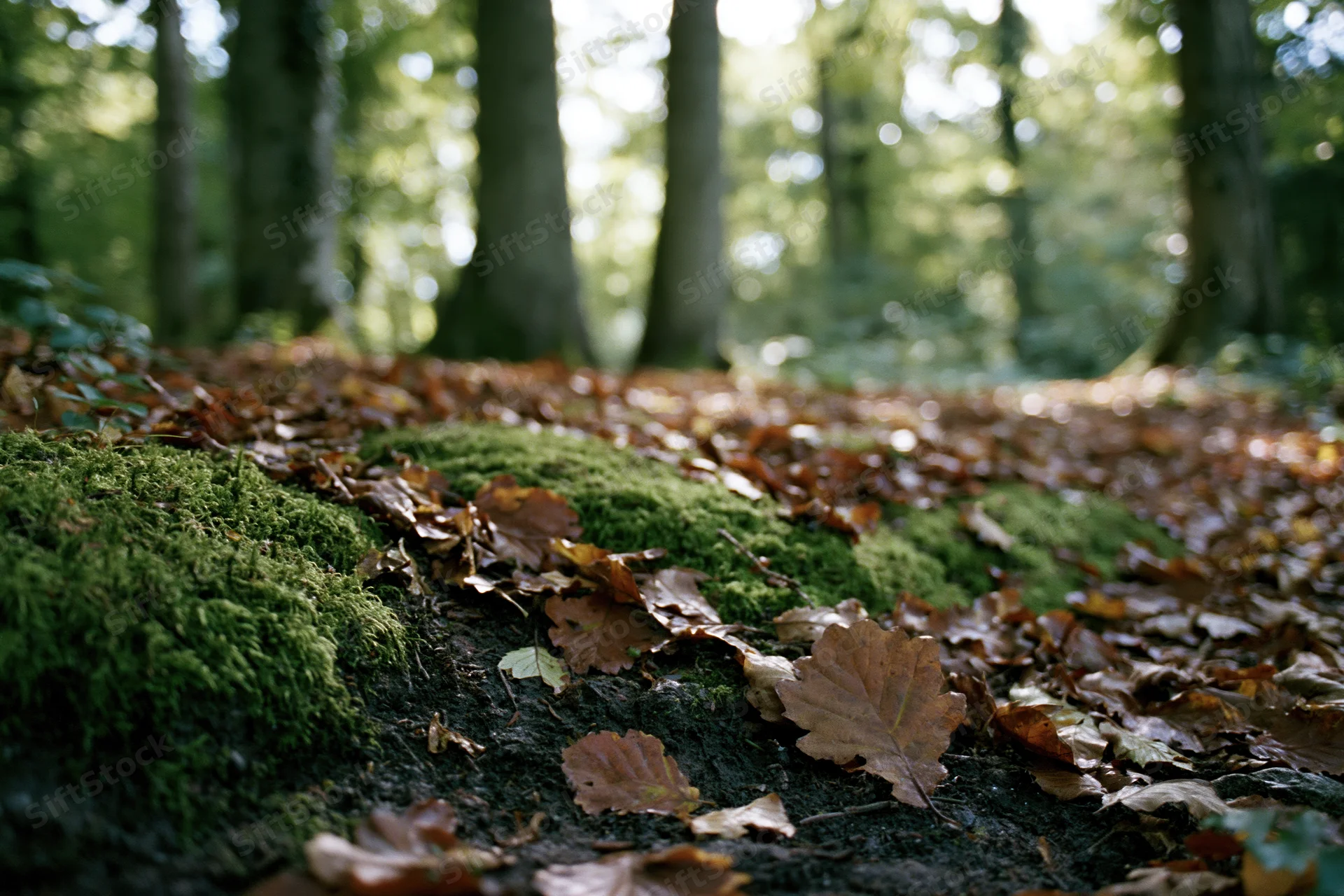 Moss-covered rocks and fallen leaves on forest floor in autumn