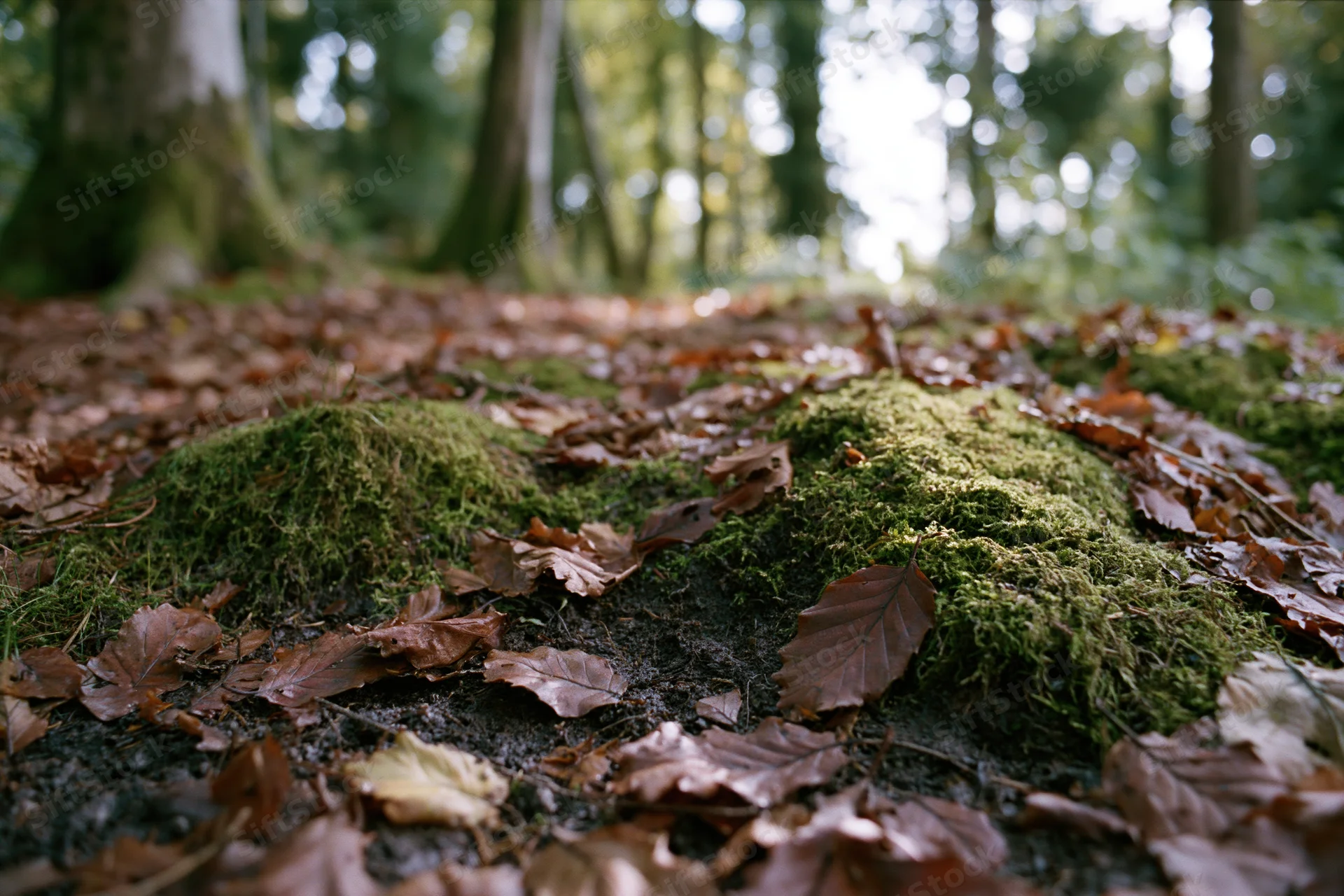 Moss patches and fallen leaves on forest floor in autumn woodland