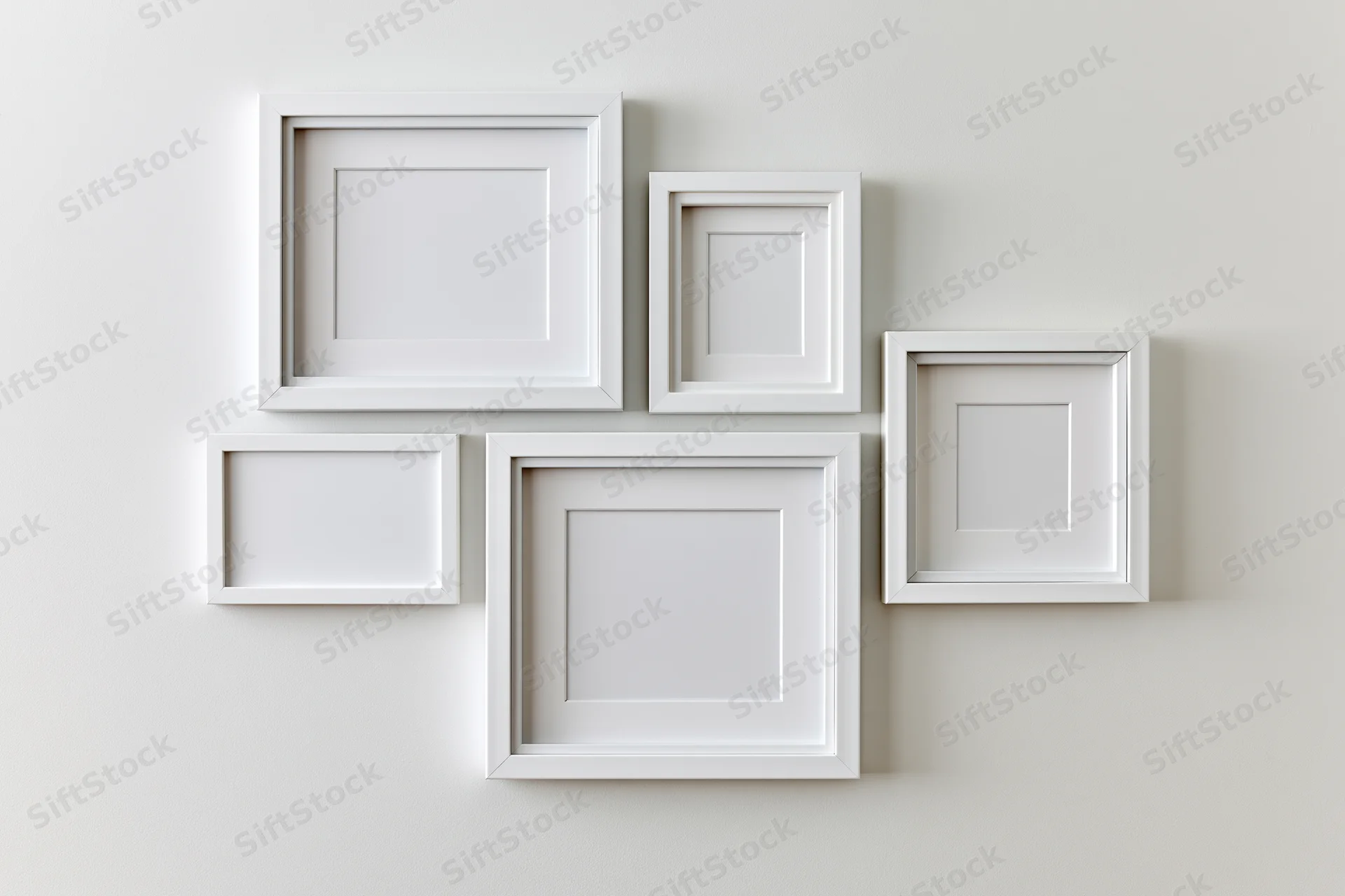 Five empty white picture frames arranged asymmetrically on a plain wall