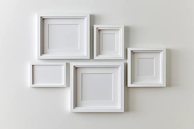 Five empty white picture frames arranged asymmetrically on a plain wall