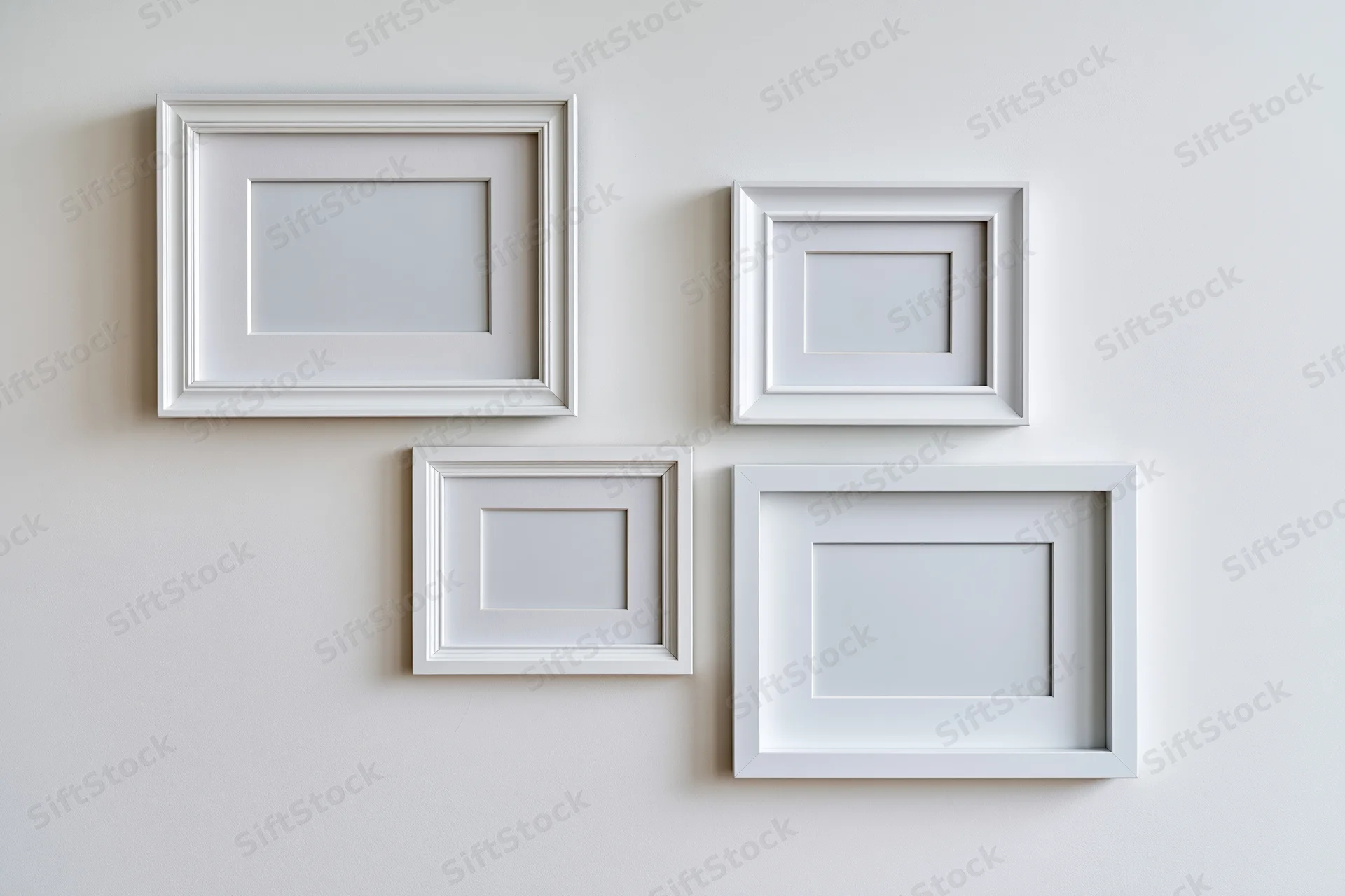 Four empty white picture frames arranged asymmetrically on a plain wall