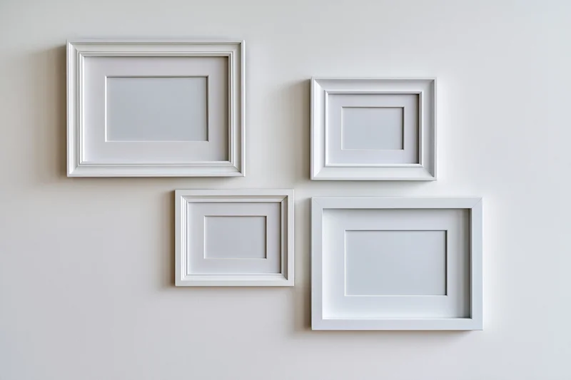 Four empty white picture frames arranged asymmetrically on a plain wall