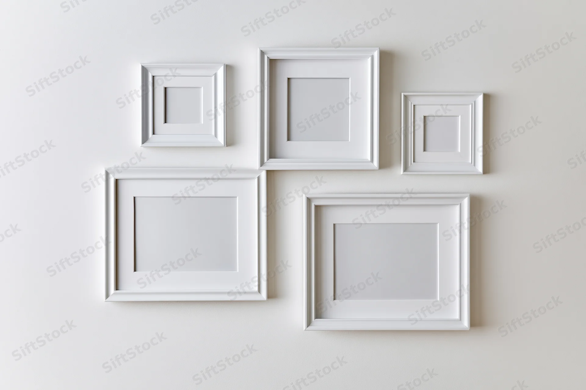 Five empty white picture frames arranged asymmetrically on a plain wall