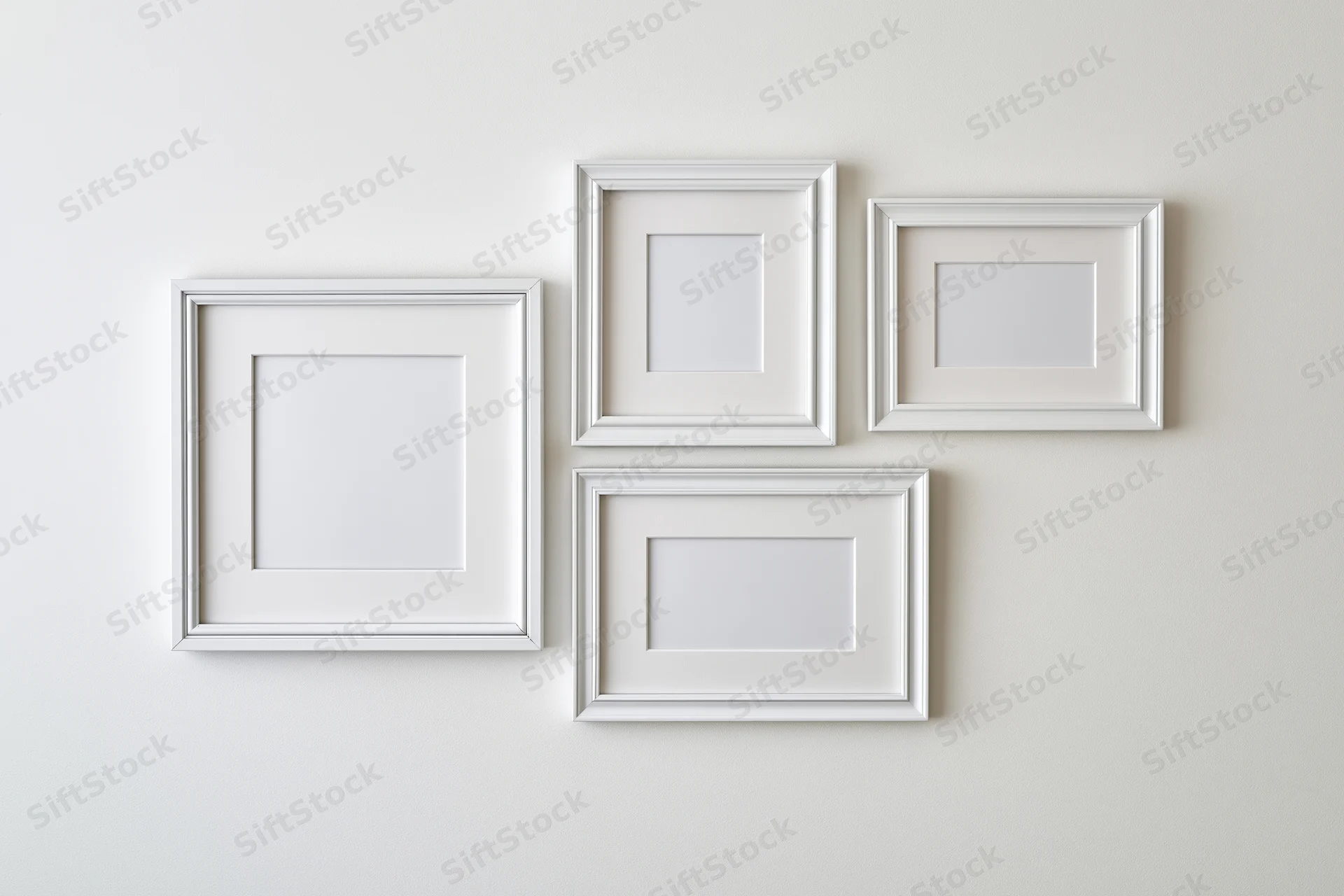 Four empty white picture frames arranged asymmetrically on a plain wall