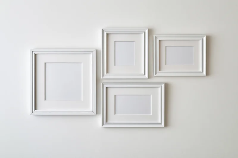 Four empty white picture frames arranged asymmetrically on a plain wall