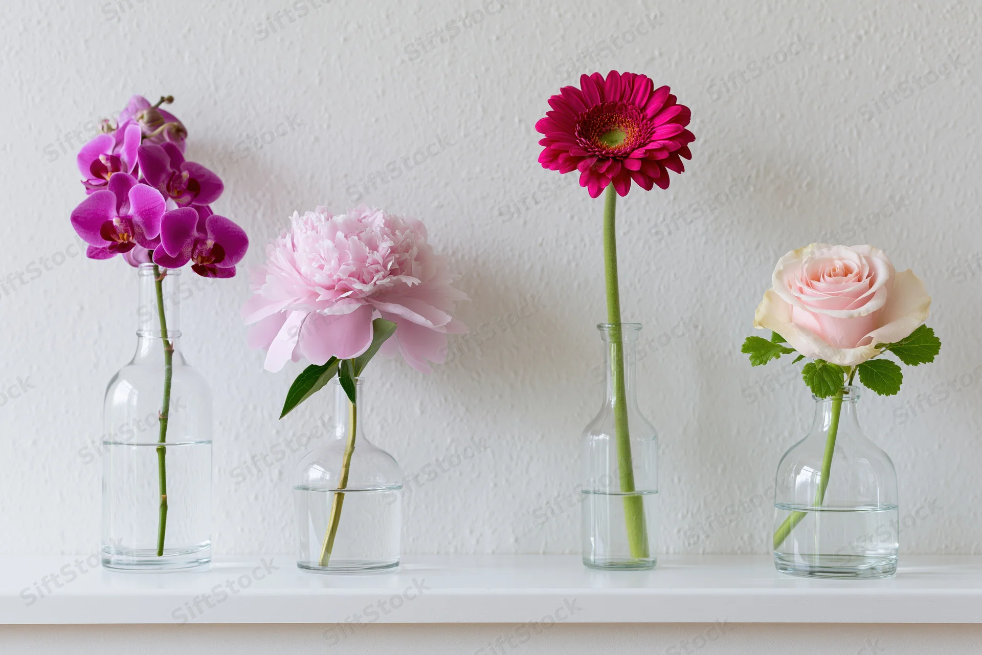 Four glass vases each holding a single flower arranged in a row on a white shelf