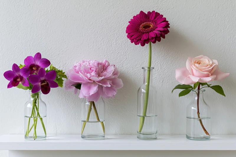 Four glass vases each holding a different flower arranged in a row on a white shelf