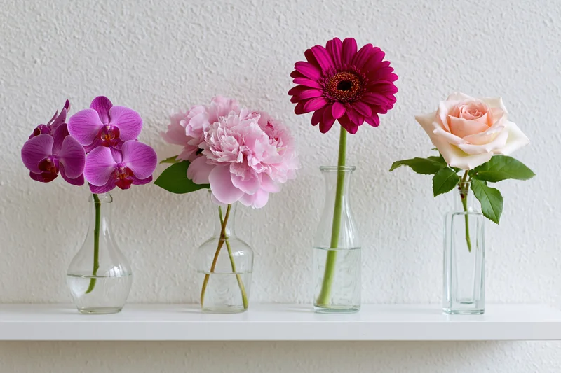Four glass vases each holding a different flower arranged in a row on a white shelf