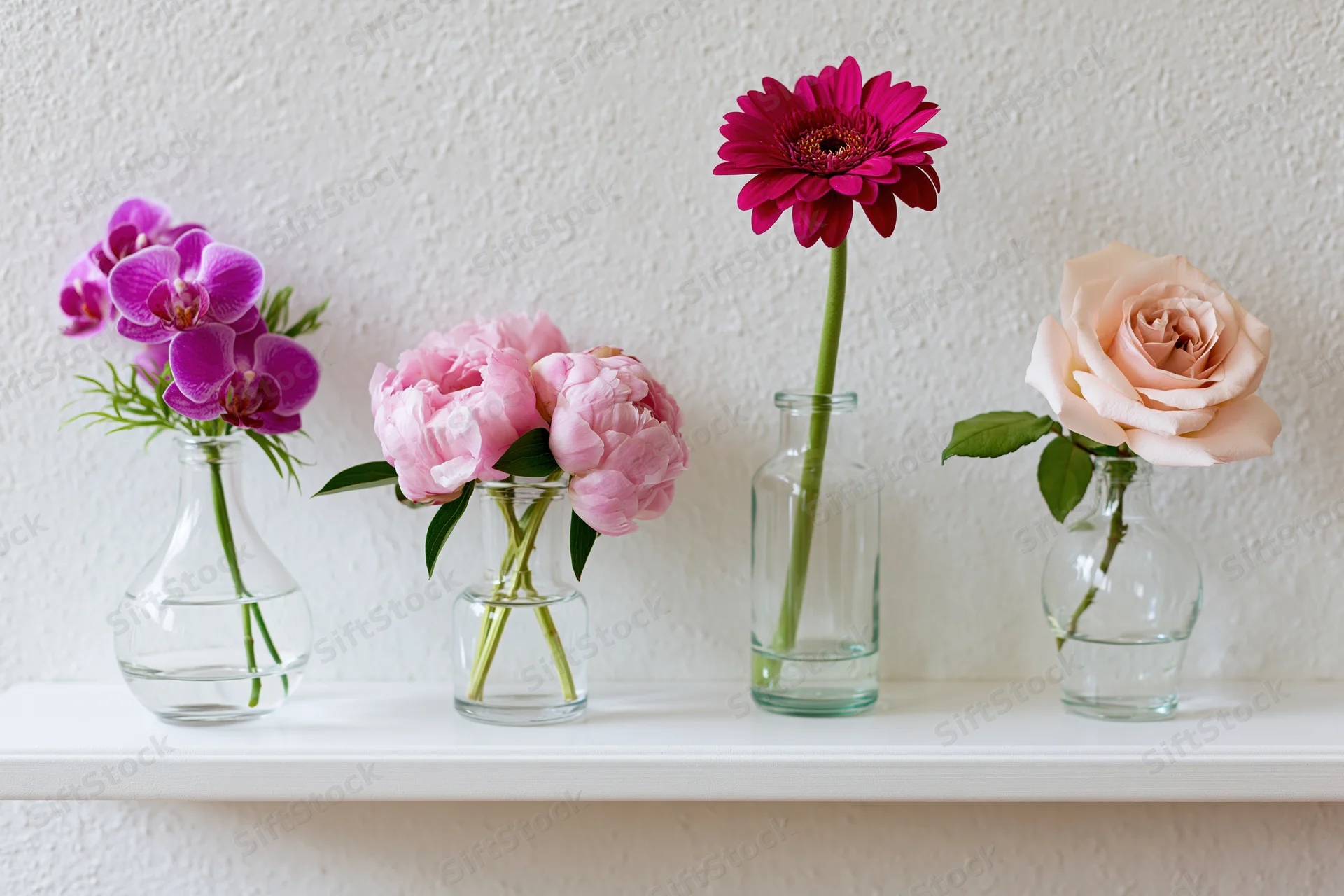 Four glass vases each holding a different flower arranged in a row on a white shelf
