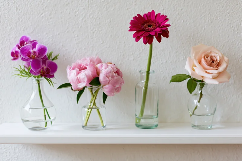 Four glass vases each holding a different flower arranged in a row on a white shelf