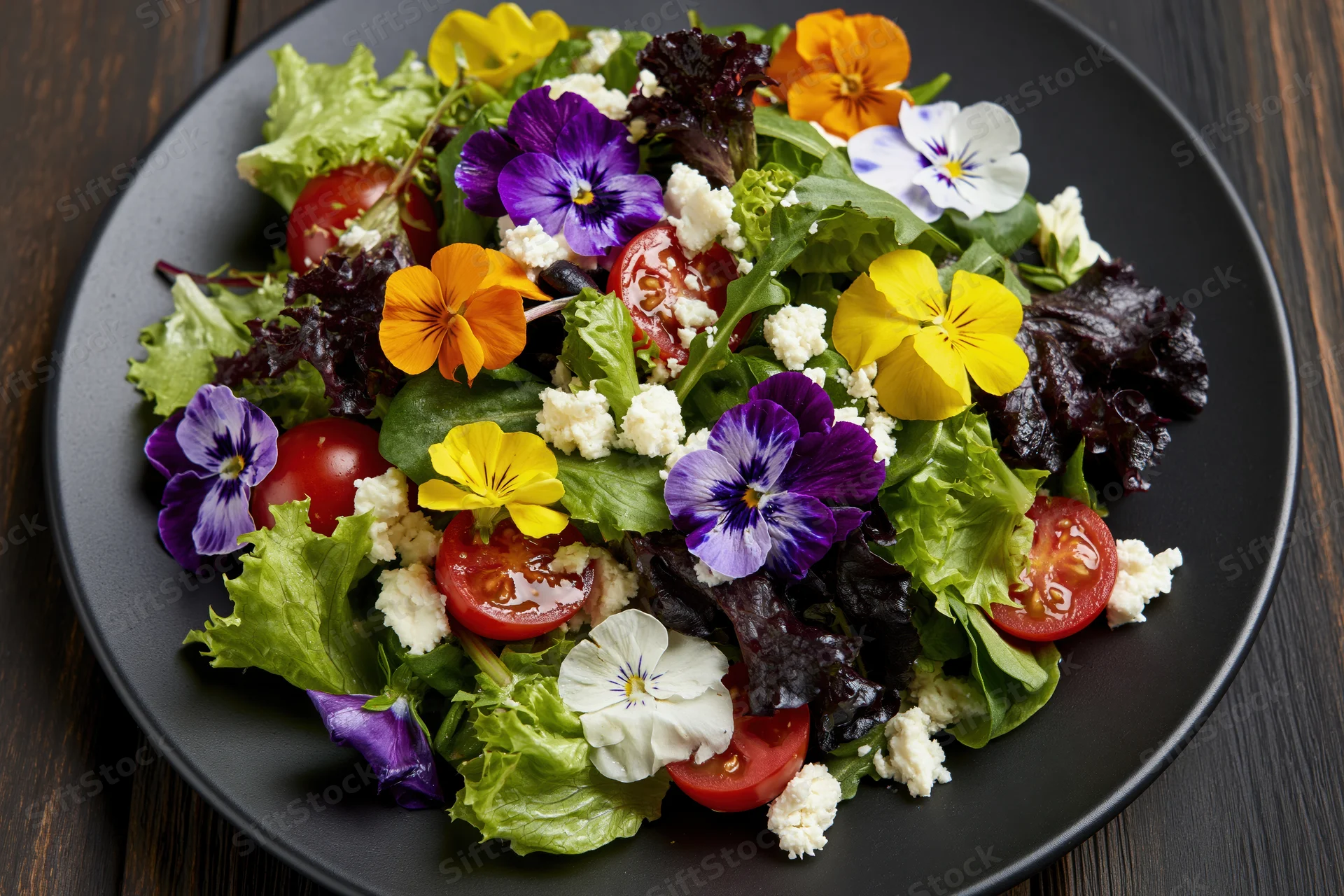 Fresh garden salad with mixed greens, cherry tomatoes, crumbled feta and edible flowers on a black plate on wooden table