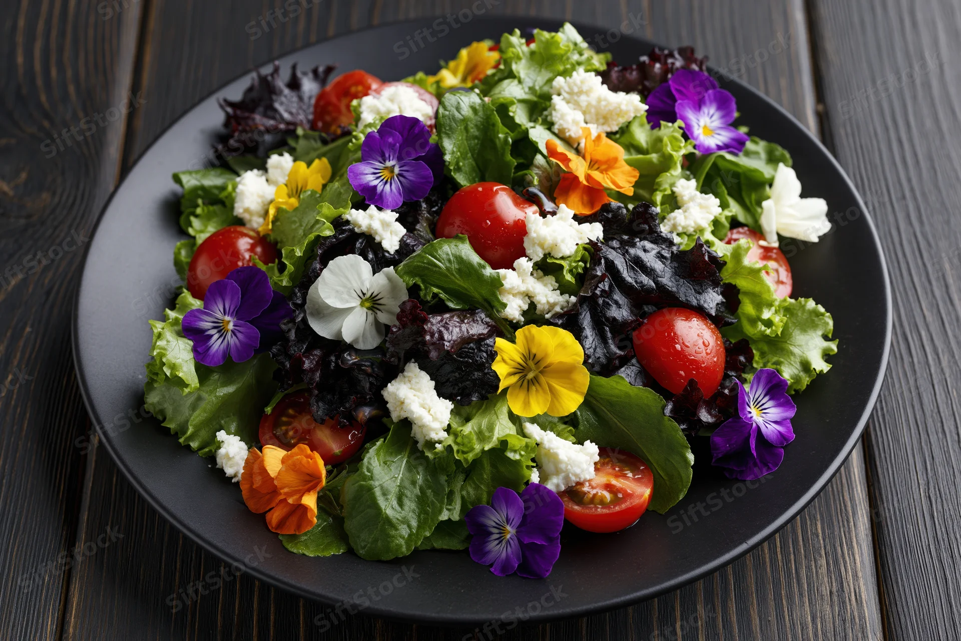 Fresh garden salad with mixed greens cherry tomatoes and edible flowers on black plate over dark wood table