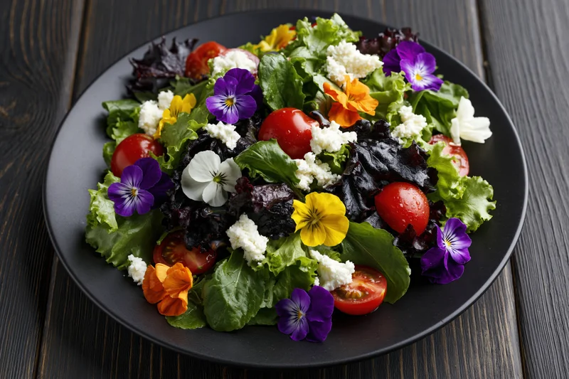 Fresh garden salad with mixed greens cherry tomatoes and edible flowers on black plate over dark wood table