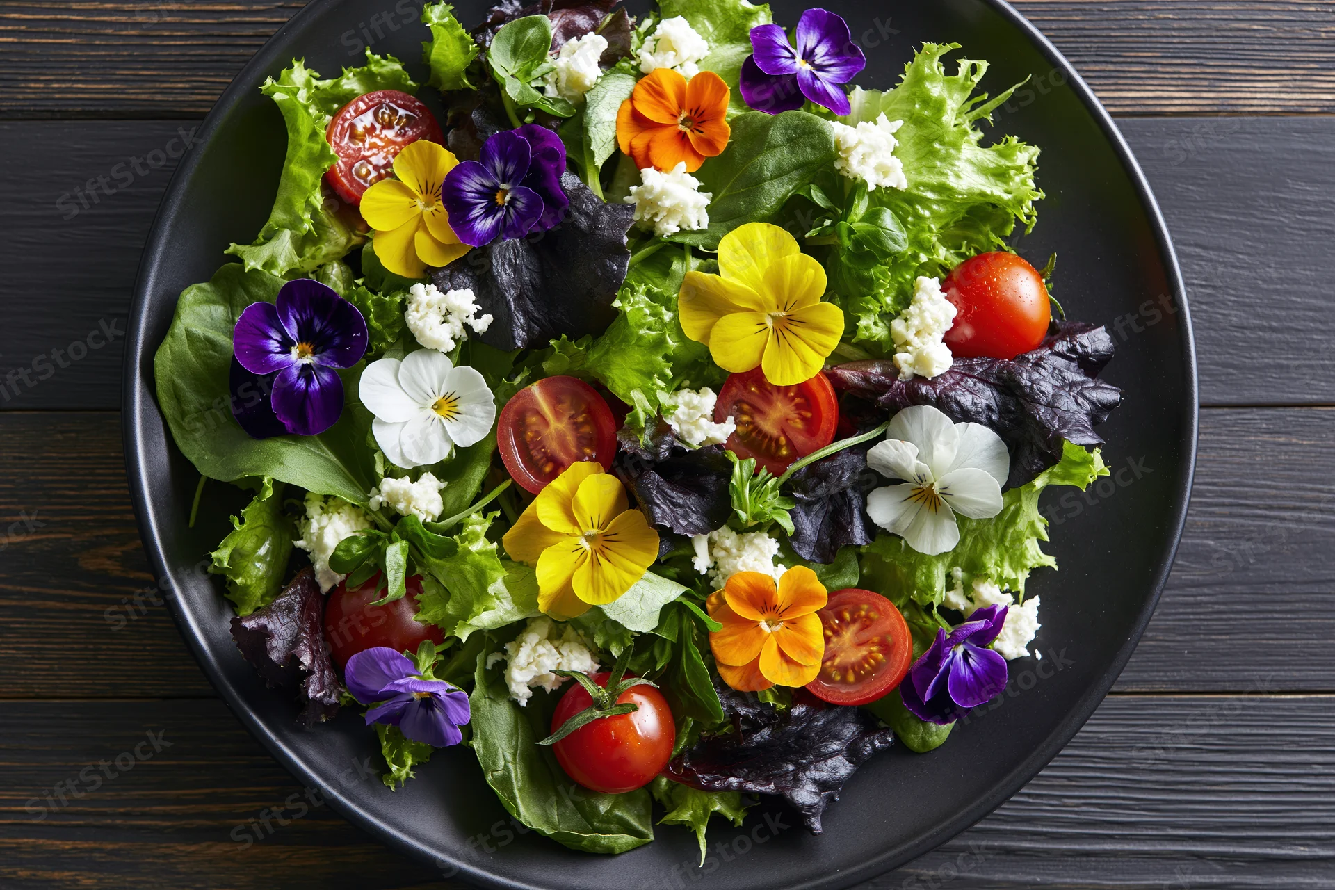 Fresh garden salad with mixed greens, cherry tomatoes and edible flowers on a black plate over dark wood table