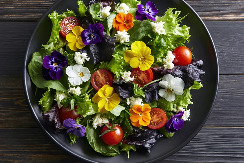 Fresh garden salad with mixed greens, cherry tomatoes and edible flowers on a black plate over dark wood table