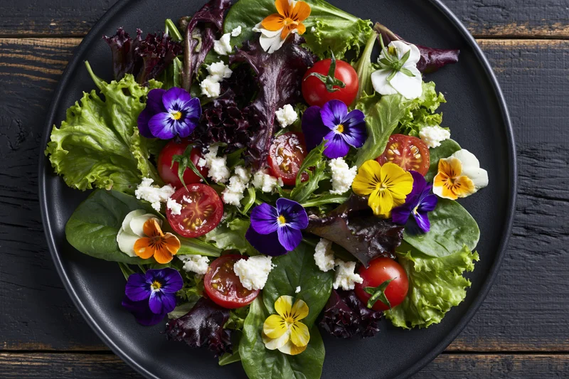 Fresh garden salad with mixed greens, cherry tomatoes and edible flowers on a dark plate over rustic wood