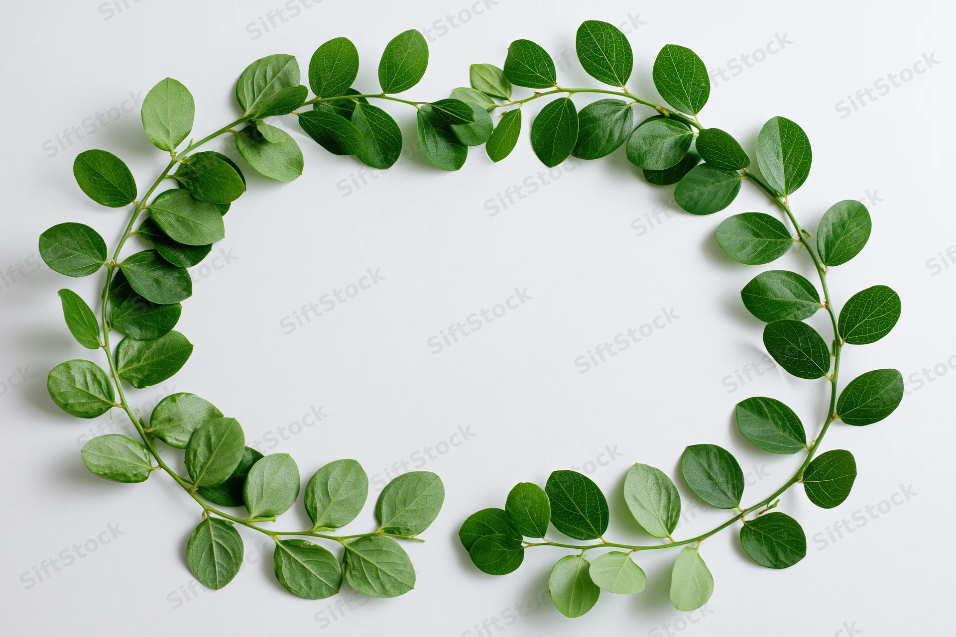 Green leafy branches arranged in a circular frame on white background with copyspace