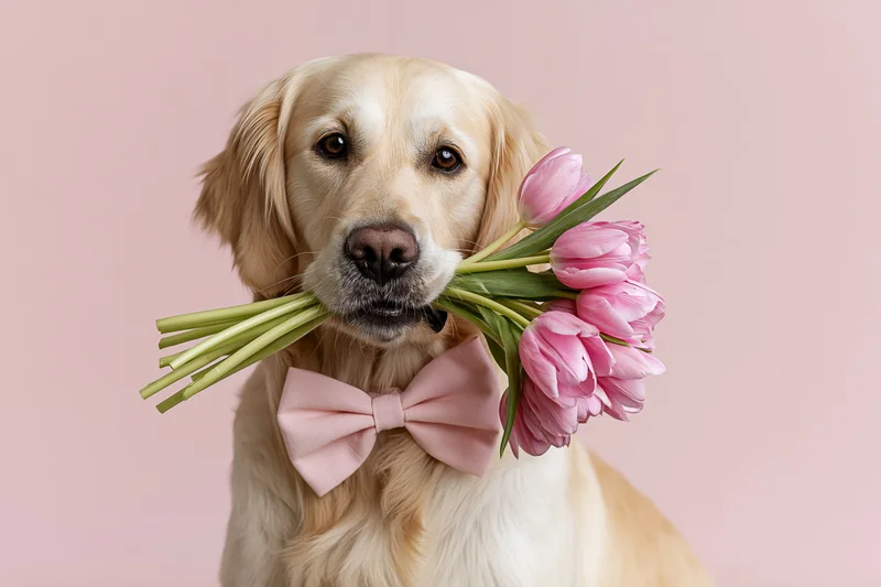 Golden retriever holding pink tulips bouquet with bowtie against pink background