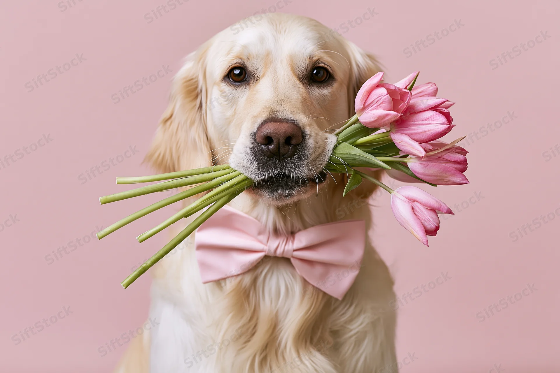 Golden retriever holding pink tulips in its mouth with a pink bowtie against a soft pink background