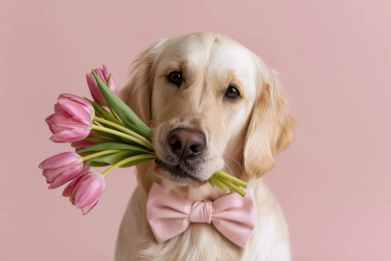 Golden retriever holding pink tulips bouquet with bowtie against pink background